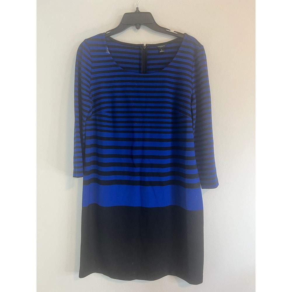 Ann Taylor Blue Black Striped Color Block Shift Dress Long Sleeve Medium